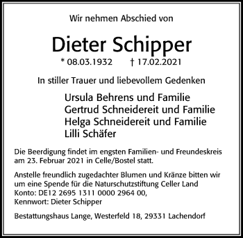 Traueranzeige von Dieter Schipper von Cellesche Zeitung