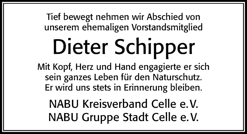  Traueranzeige für Dieter Schipper vom 23.02.2021 aus Cellesche Zeitung