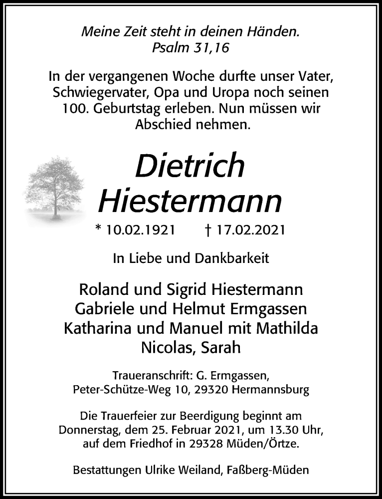  Traueranzeige für Dietrich Hiestermann vom 20.02.2021 aus Cellesche Zeitung