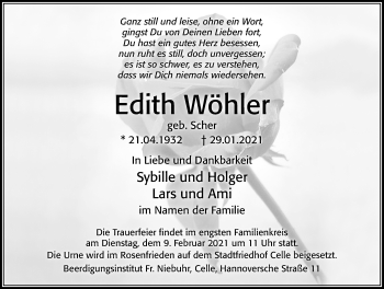 Traueranzeige von Edith Wöhler von Cellesche Zeitung