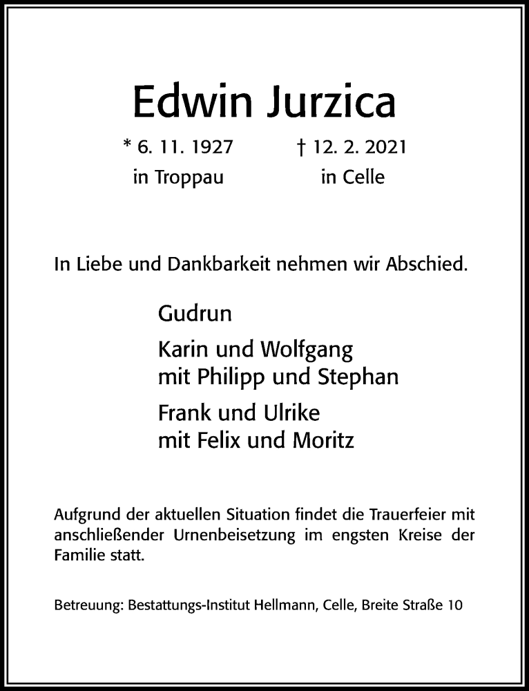  Traueranzeige für Edwin Jurzica vom 20.02.2021 aus Cellesche Zeitung