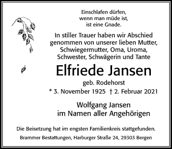 Traueranzeige von Elfriede Jansen von Cellesche Zeitung