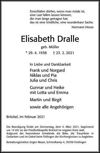 Traueranzeige von Elisabeth Dralle von Cellesche Zeitung