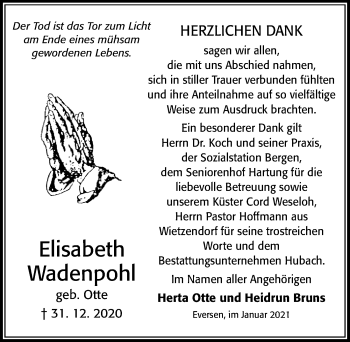 Traueranzeige von Elisabeth Wadenpohl von Cellesche Zeitung