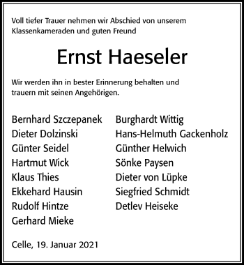 Traueranzeige von Ernst Haeseler von Cellesche Zeitung