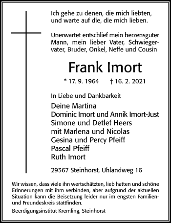 Traueranzeige von Frank Imort von Cellesche Zeitung