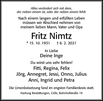 Traueranzeige von Fritz Nimtz von Cellesche Zeitung