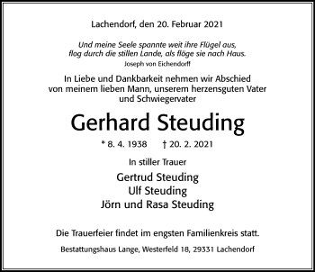 Traueranzeige von Gerhard Steuding von Cellesche Zeitung