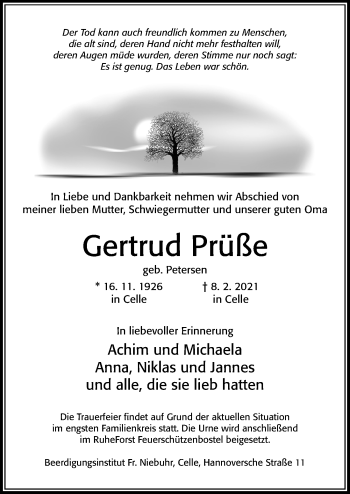 Traueranzeige von Gertrud Prüße von Cellesche Zeitung
