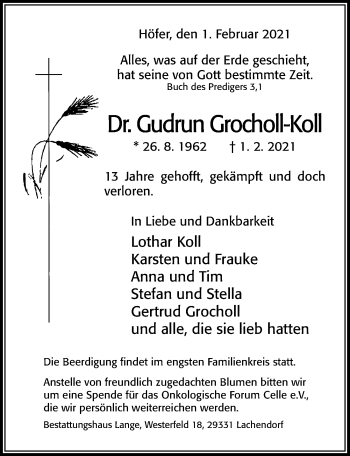 Traueranzeige von Gudrun Grocholl-Koll von Cellesche Zeitung