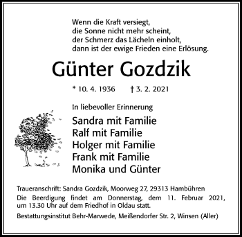 Traueranzeige von Günter Gozdzik von Cellesche Zeitung