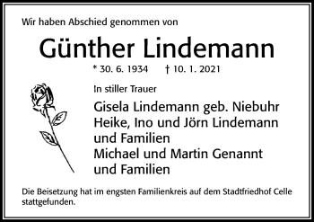 Traueranzeige von Günther Lindemann von Cellesche Zeitung