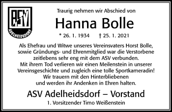 Traueranzeige von Hanna Bolle von Cellesche Zeitung