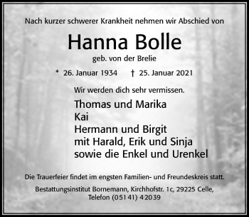 Traueranzeige von Hanna Bolle von Cellesche Zeitung