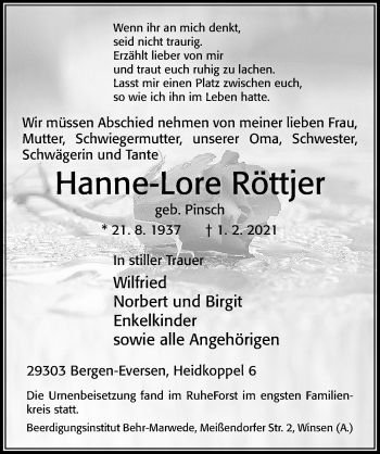 Traueranzeige von Hanne-Lore Röttjer von Cellesche Zeitung