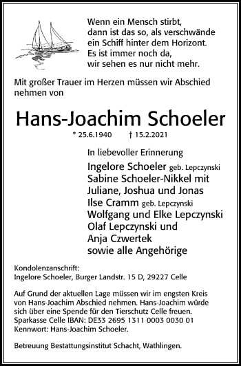 Traueranzeige von Hans-Joachim Schoeler von Cellesche Zeitung