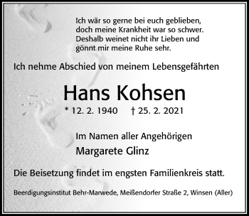 Traueranzeige von Hans Kohsen von Cellesche Zeitung