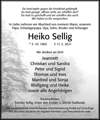 Traueranzeige von Heiko Sellig von Cellesche Zeitung