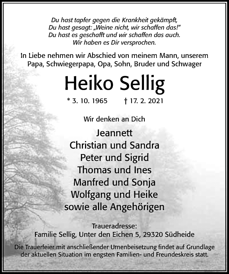  Traueranzeige für Heiko Sellig vom 27.02.2021 aus Cellesche Zeitung