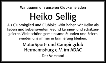Traueranzeige von Heiko Sellig von Cellesche Zeitung