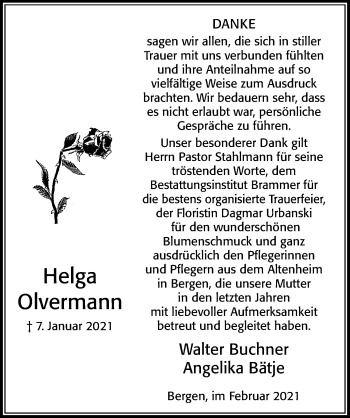 Traueranzeige von Helga Olvermann von Cellesche Zeitung