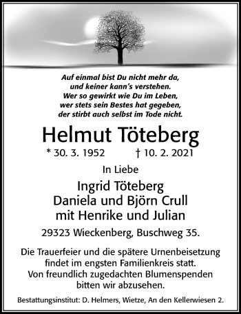 Traueranzeige von Helmut Töteberg von Cellesche Zeitung