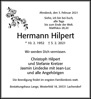 Traueranzeige von Hermann Hilpert von Cellesche Zeitung
