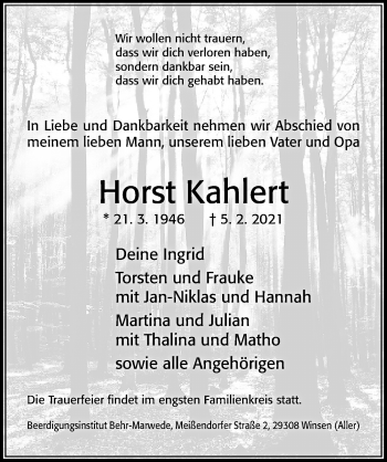 Traueranzeige von Horst Kahlert von Cellesche Zeitung