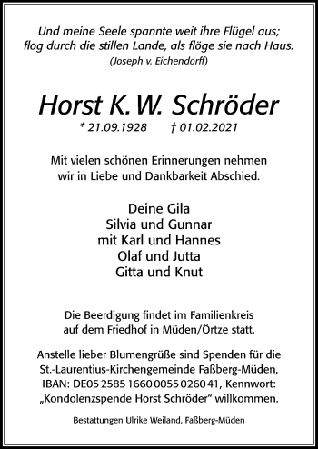 Traueranzeige von Horst K. W. Schröder von Cellesche Zeitung