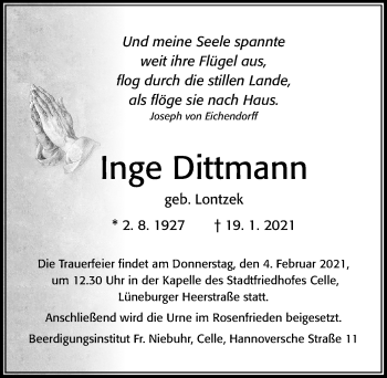 Traueranzeige von Inge Dittmann von Cellesche Zeitung