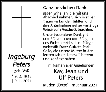 Traueranzeige von Ingeburg Peters von Cellesche Zeitung