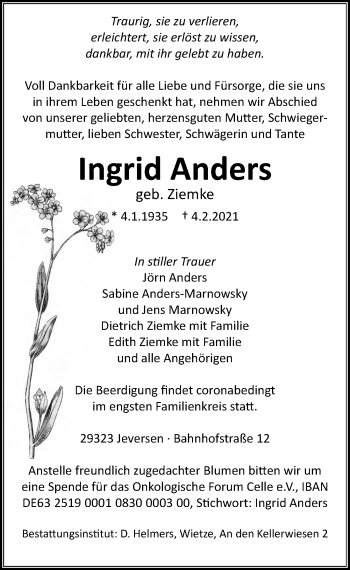 Traueranzeige von Ingrid Anders von Cellesche Zeitung