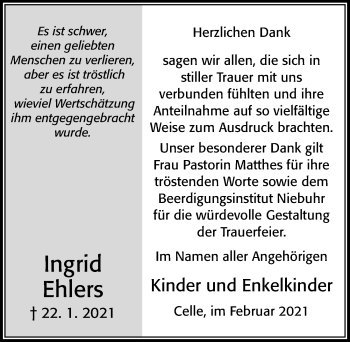 Traueranzeige von Ingrid Ehlers von Cellesche Zeitung