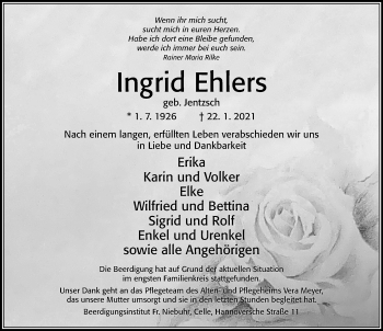 Traueranzeige von Ingrid Ehlers von Cellesche Zeitung