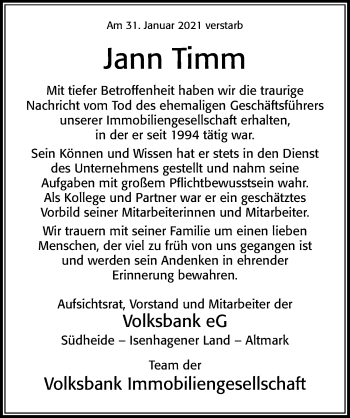 Traueranzeige von Jann Timm von Cellesche Zeitung