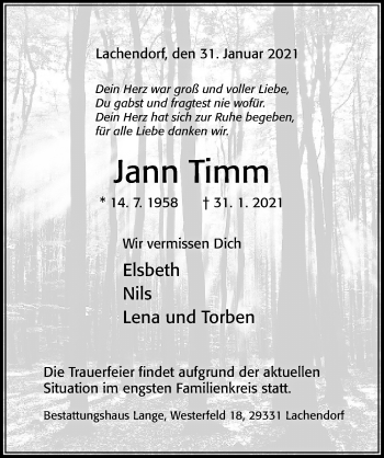 Traueranzeige von Jann Timm von Cellesche Zeitung