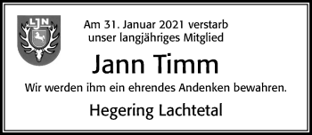Traueranzeige von Jann Timm von Cellesche Zeitung