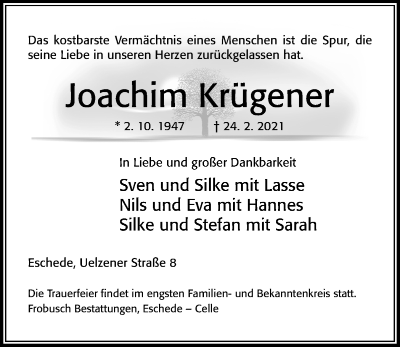  Traueranzeige für Joachim Krügener vom 27.02.2021 aus Cellesche Zeitung