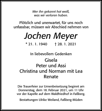Traueranzeige von Jochen Meyer von Cellesche Zeitung