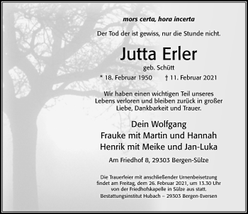 Traueranzeige von Jutta Erler von Cellesche Zeitung