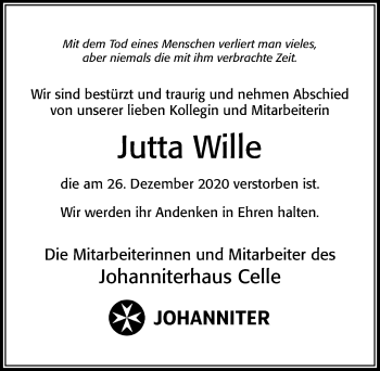 Traueranzeige von Jutta Wille von Cellesche Zeitung