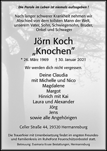 Traueranzeige von Jörn Koch von Cellesche Zeitung