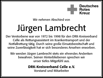 Traueranzeige von Jürgen Lambrecht von Cellesche Zeitung