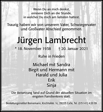 Traueranzeige von Jürgen Lambrecht von Cellesche Zeitung