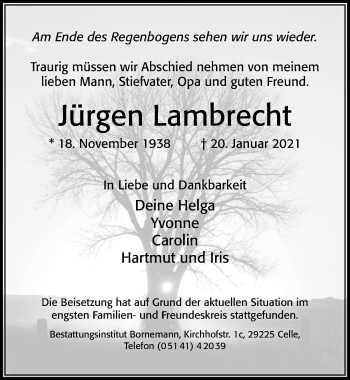 Traueranzeige von Jürgen Lambrecht von Cellesche Zeitung