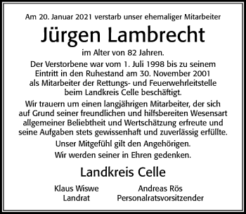 Traueranzeige von Jürgen Lambrecht von Cellesche Zeitung