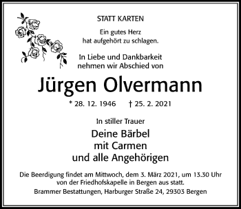 Traueranzeige von Jürgen Olvermann von Cellesche Zeitung
