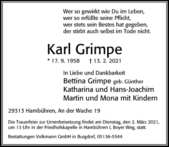 Traueranzeige von Karl Grimpe von Cellesche Zeitung