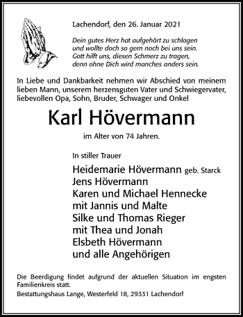 Traueranzeige von Karl Hövermann von Cellesche Zeitung