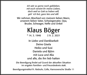 Traueranzeige von Klaus Böger von Cellesche Zeitung